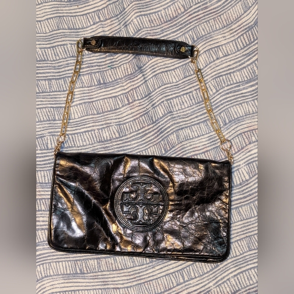 Tory Burch Reva Black Leather Chain Link Leather Strap Clutch Bag Purse Designer - Picture 1 of 12